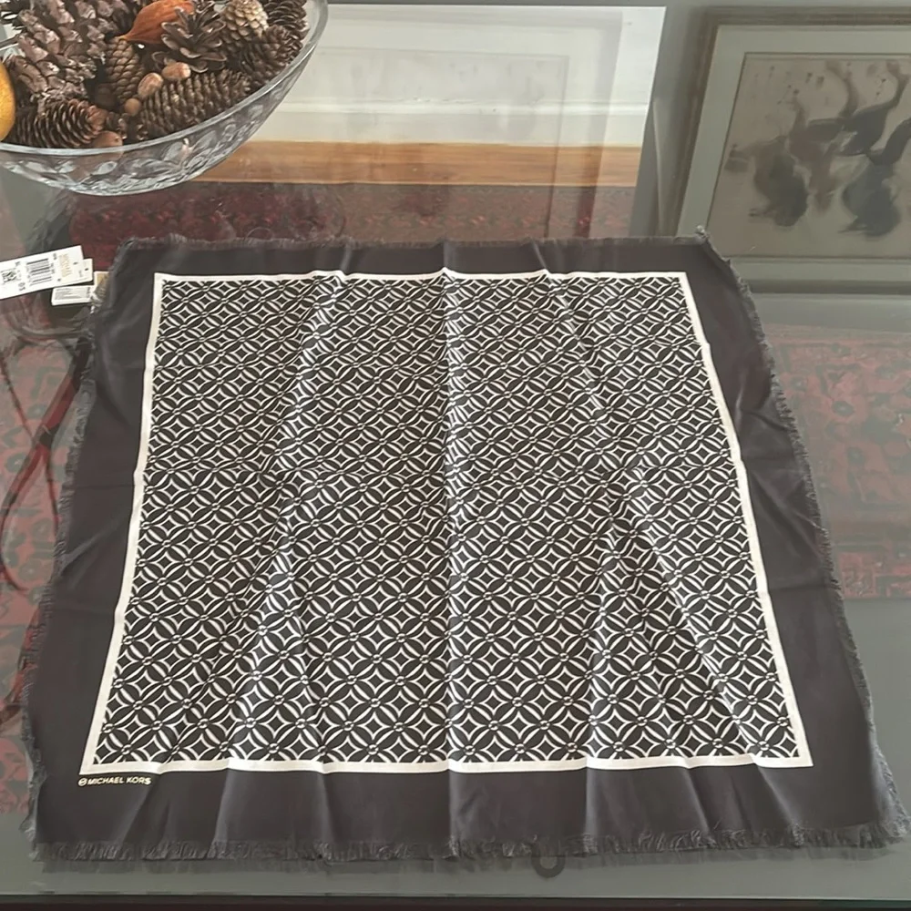 Michael Kors Monogram Square Scarf Bone & Black Fringe Trim